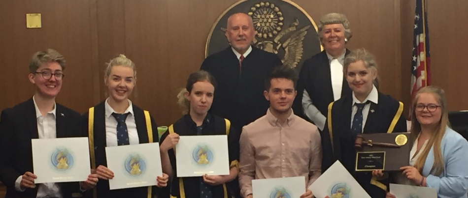 Winners: Scotland's Seniors attending the first ever Trans-Atlantic Mock Court Competition, New York 2018, before The Rt Hon Lady Dorrian (Scotland) and The Hon P. Kevin Castel (NYC)